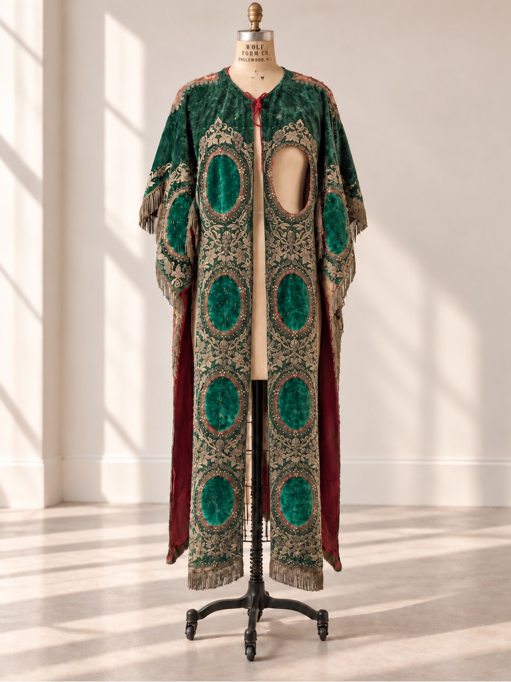 Vintage-Inspired Green Embroidered Velvet Cape Coat